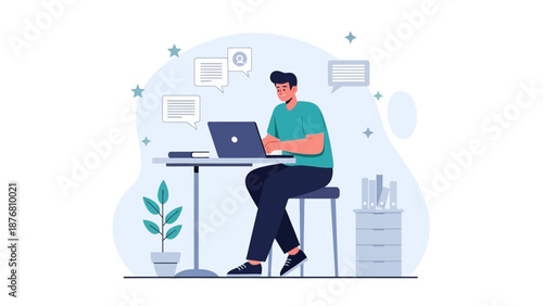 Man working remotely on laptop at desk with notifications and plant