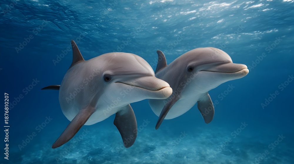 Obraz premium Two dolphins swim gracefully in clear blue ocean waters with sunlight filtering from above