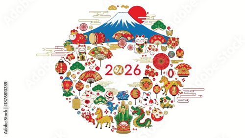 Japanese New Year 2026: An elegant illustration celebrates the dawn of the year, filled with iconic symbols of Japanese culture and tradition.