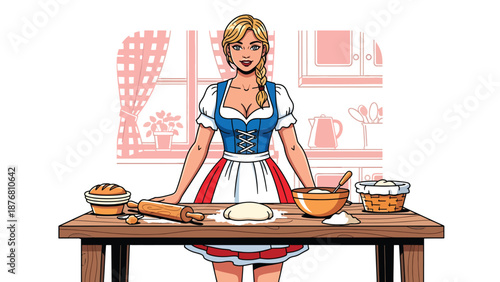 Flat vector illustration of a German woman baking traditional bread in a cozy home kitchen, cultural food preparation activity showing heritage, lifestyle, and domestic tradition