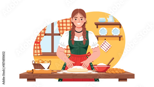 Flat vector illustration of a German woman baking traditional bread in a cozy home kitchen, cultural food preparation activity showing heritage, lifestyle, and domestic tradition