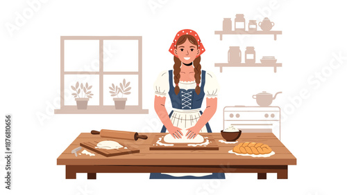 Flat vector illustration of a German woman baking traditional bread in a cozy home kitchen, cultural food preparation activity showing heritage, lifestyle, and domestic tradition