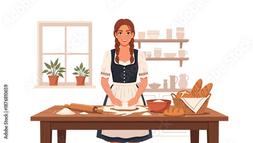 Flat vector illustration of a German woman baking traditional bread in a cozy home kitchen, cultural food preparation activity showing heritage, lifestyle, and domestic tradition