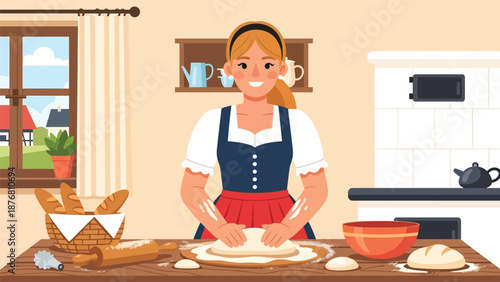 Flat vector illustration of a German woman baking traditional bread in a cozy home kitchen, cultural food preparation activity showing heritage, lifestyle, and domestic tradition