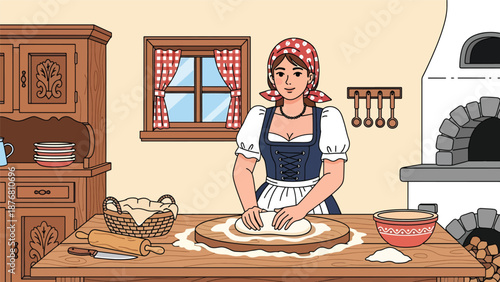 Flat vector illustration of a German woman baking traditional bread in a cozy home kitchen, cultural food preparation activity showing heritage, lifestyle, and domestic tradition