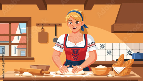 Flat vector illustration of a German woman baking traditional bread in a cozy home kitchen, cultural food preparation activity showing heritage, lifestyle, and domestic tradition