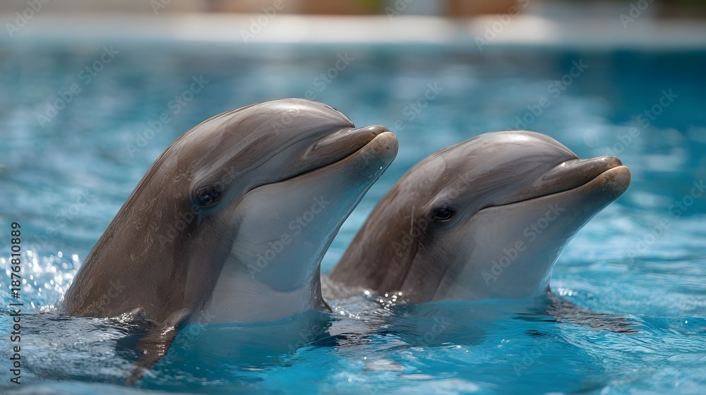 Naklejka premium Two friendly dolphins swimming side by side in clear blue water their heads emerging and looking forward with curious serene expressions