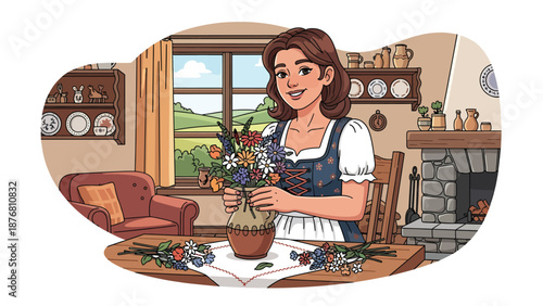 Flat vector illustration of a German woman arranging flowers in a rustic home, traditional decorative lifestyle activity inspired by countryside culture and heritage