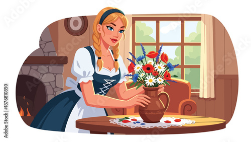 Flat vector illustration of a German woman arranging flowers in a rustic home, traditional decorative lifestyle activity inspired by countryside culture and heritage