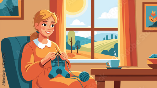 Vector illustration of a German woman knitting wool socks near a window, traditional handmade craft activity reflecting calm lifestyle and cultural heritage