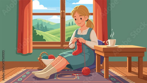Vector illustration of a German woman knitting wool socks near a window, traditional handmade craft activity reflecting calm lifestyle and cultural heritage