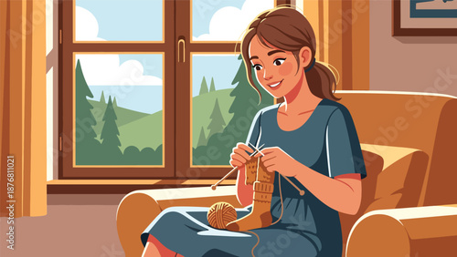 Vector illustration of a German woman knitting wool socks near a window, traditional handmade craft activity reflecting calm lifestyle and cultural heritage
