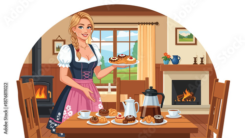 Flat vector illustration of a German woman serving homemade pastries while wearing traditional inspired clothing, hospitality and cultural lifestyle concept