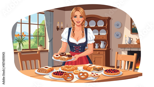 Flat vector illustration of a German woman serving homemade pastries while wearing traditional inspired clothing, hospitality and cultural lifestyle concept