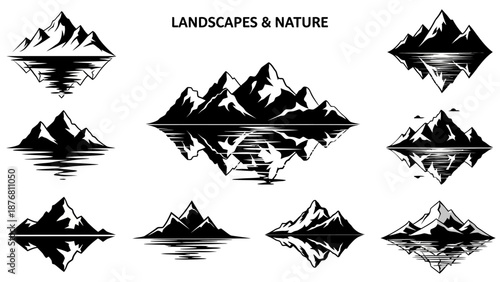 Collection of black and white mountain peak silhouettes reflected in water showcasing majestic landscapes and nature elements
