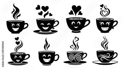 Assortment of black and white coffee cups with steam and heart motifs portraying various cheerful emotions and designs
