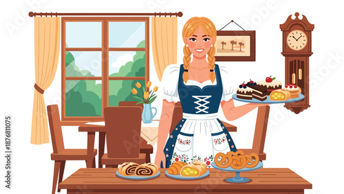 Flat vector illustration of a German woman serving homemade pastries while wearing traditional inspired clothing, hospitality and cultural lifestyle concept