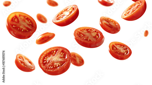 Sliced tomatoes falling in air isolated on transparent background