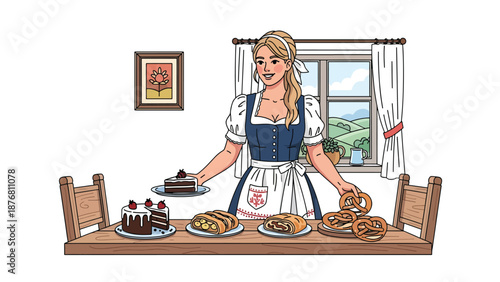 Flat vector illustration of a German woman serving homemade pastries while wearing traditional inspired clothing, hospitality and cultural lifestyle concept