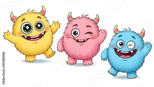 Three colorful cartoon monsters isolated on transparent background