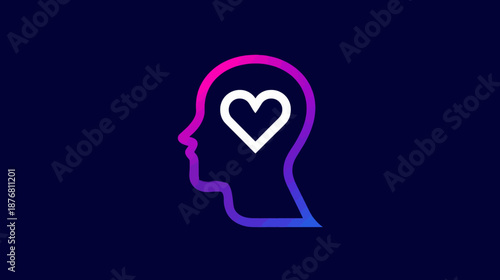 Gradient line art human head profile with white heart icon inside, symbolizing mental health, emotional well-being, love, empathy, compassion, and positive thinking on a dark blue background.