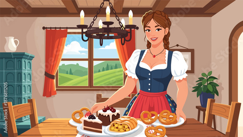 Flat vector illustration of a German woman serving homemade pastries while wearing traditional inspired clothing, hospitality and cultural lifestyle concept