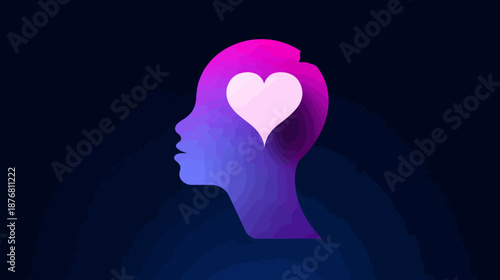 Digital illustration of human head silhouette with glowing heart, symbolizing love, empathy, mental health, and emotional well-being.