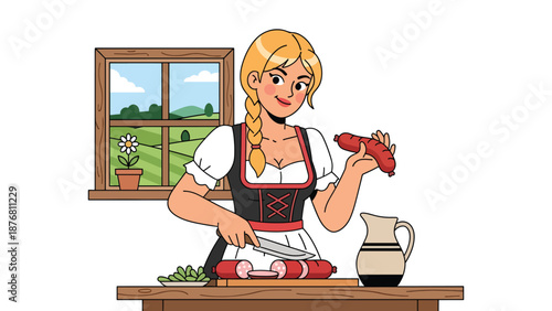Vector illustration of a German woman preparing traditional sausages in a home kitchen, cultural cooking activity representing classic food heritage