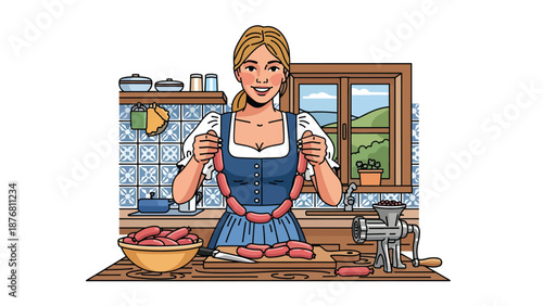 Vector illustration of a German woman preparing traditional sausages in a home kitchen, cultural cooking activity representing classic food heritage