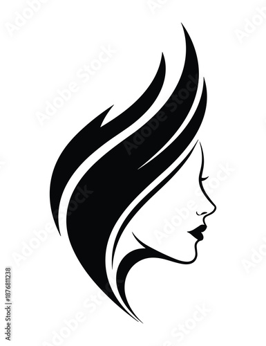Beauty salon logo design, elegant woman silhouette, flowing hair illustration, feminine profile artwork, modern stylist graphic, hair care symbol