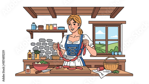 Vector illustration of a German woman preparing traditional sausages in a home kitchen, cultural cooking activity representing classic food heritage
