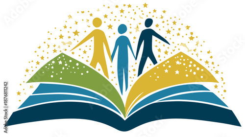 Diverse community standing on an open book under golden stars, symbolizing education, literacy, shared knowledge, learning, and future success.