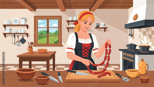 Vector illustration of a German woman preparing traditional sausages in a home kitchen, cultural cooking activity representing classic food heritage
