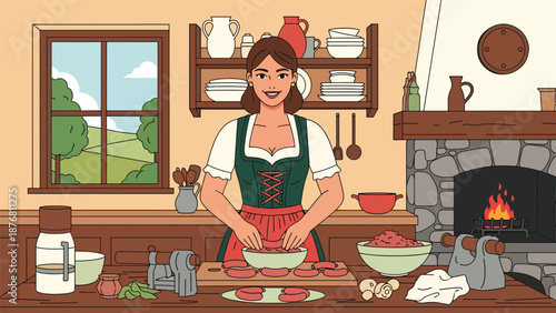 Vector illustration of a German woman preparing traditional sausages in a home kitchen, cultural cooking activity representing classic food heritage