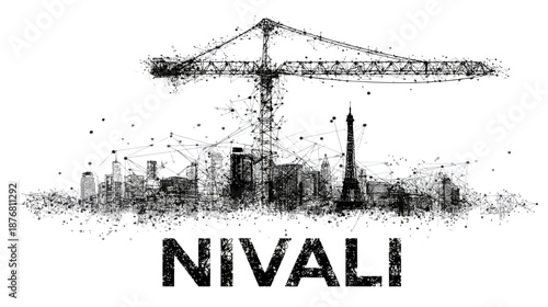 Distressed black and white urban skyline illustration featuring a large construction crane and a tall elegant tower.
