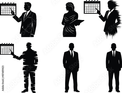 Business silhouettes with calendar icons, scheduling concepts, professional planning illustration, time management, corporate organization, productivity symbol, office presentation poses