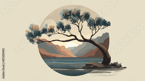 Stylized tranquil landscape illustration with a leaning tree over calm water, mountains, and a sunset in a circular frame