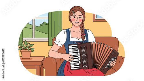 Flat vector illustration of a German woman playing accordion indoors, traditional folk music practice reflecting cultural heritage and lifestyle