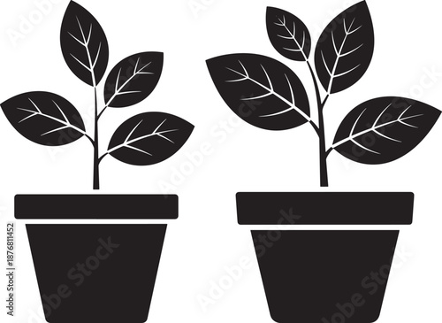 Minimalist black icons of potted house plants with leaves, ideal for gardening, interior decor, and nature-related projects.