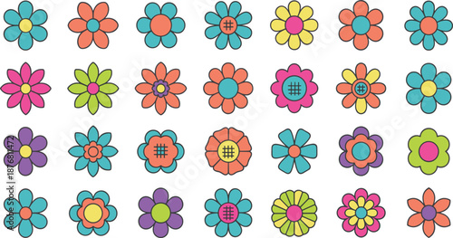 Colorful Decorative Flower Icon Set Featuring Simple Petal Shapes and Playful Floral Designs in Modern Flat Style