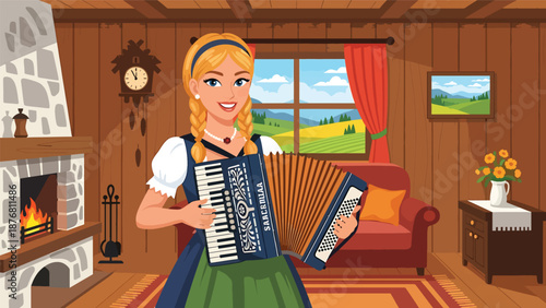 Flat vector illustration of a German woman playing accordion indoors, traditional folk music practice reflecting cultural heritage and lifestyle