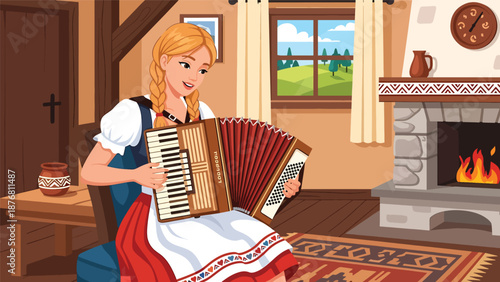 Flat vector illustration of a German woman playing accordion indoors, traditional folk music practice reflecting cultural heritage and lifestyle