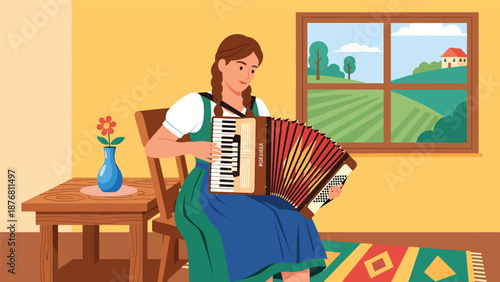 Flat vector illustration of a German woman playing accordion indoors, traditional folk music practice reflecting cultural heritage and lifestyle