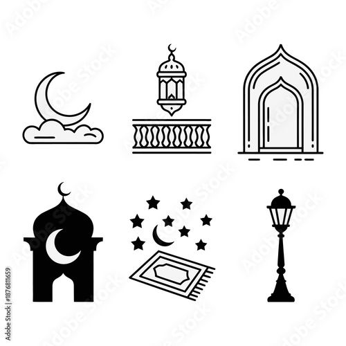 Ramadan Symbols: Collection of Islamic symbols in monochrome, perfect for design usage. Capturing the spirit and essence of the holy month.