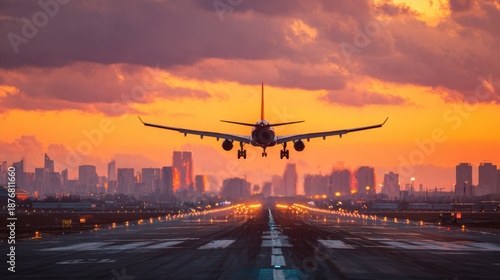 Vacation travel trip journey in holiday season. An airplane taking off from an airport runway at sunset, with a cityscape illuminated by the setting sun in the background.