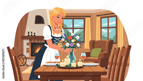 Flat vector illustration of a German woman decorating a table with candles and flowers, seasonal tradition and cozy cultural lifestyle concept