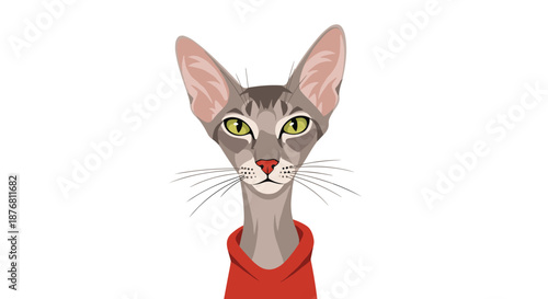 Minimalist illustration shows a slender grey cat with large ears and a red collar looking forward against a plain white backdrop.