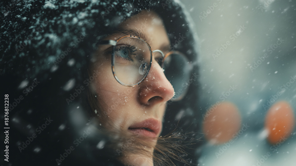 Fototapeta premium Close up portrait of a young woman wearing glasses during a heavy snowfall with snowflakes on her face and hair