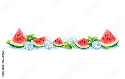 Watermelon slices with ice cubes and fresh mint on white background