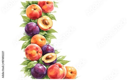 Colorful arrangement of whole and sliced peaches and plums with green leaves on white background